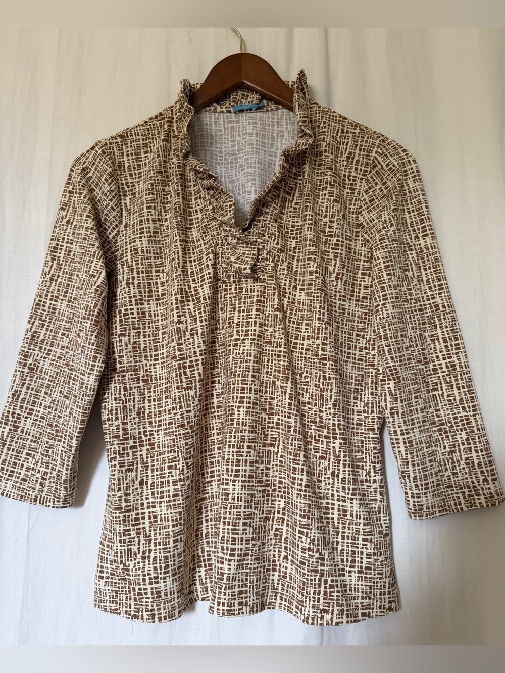 J.McLaughlin Frill Collar V Neck Abstract Print Blouse Top Long -  Brown- L